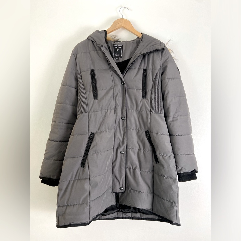 Guess women's winter jacket, faux fur large hood, cinched waist, lots of pockets